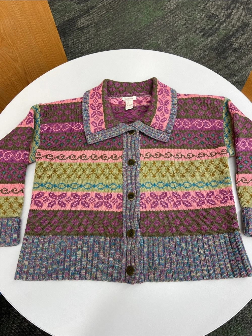 Sundance 100% lambswool long sleeve large collar button up cardigan sweater L - Picture 1 of 9